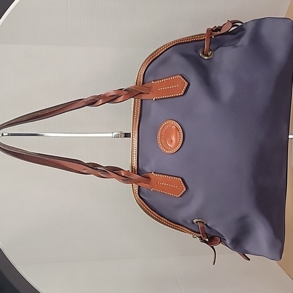 Dooney & Bourke Navy Blue Nylon Domed Satchel, Brown Leather Braided Handles - Picture 1 of 16
